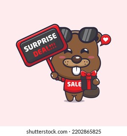 cute beaver with gift and promotion sign in black friday cartoon illustration