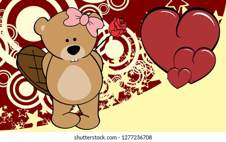 cute beaver girl holding a red rosse valentine background in vector format very easy to edit 