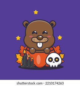 Cute beaver in halloween pumpkin. Cute halloween cartoon illustration. 