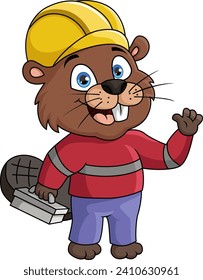 Cute beaver handyman cartoon wearing a hard hat