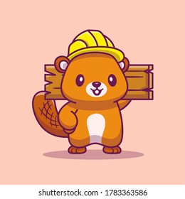 Cute Beaver Handyman Holding Wood Cartoon Vector Icon Illustration. Animal Character Icon Concept Isolated Premium Vector. Flat Cartoon Style 