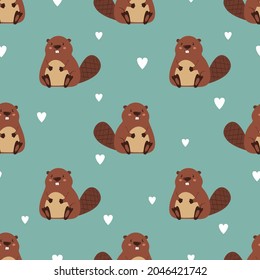 Cute beaver and heart seamless pattern. Baby print.