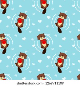 Cute beaver hold a heart seamless pattern. Lovely animal in Valentine concept.