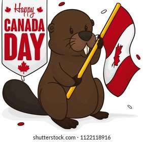 Cute beaver holding a Canadian flag next to a banner with greetings for Canada Day under a confetti shower.