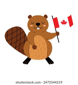 Lindo castor sosteniendo la bandera canadiense. Fiesta nacional del Día de Canadá. Ilustración vectorial. Fondo blanco aislado. 