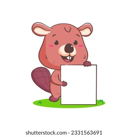 Cute Beaver holding empty board Cartoon Character Mascot vector illustration. Kawaii Adorable Animal Concept Design. Isolated White background.
