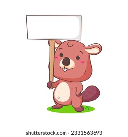 Cute Beaver holding empty board Cartoon Character Mascot vector illustration. Kawaii Adorable Animal Concept Design. Isolated White background.