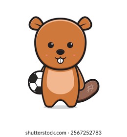 Cute beaver holding football mascot character cartoon icon illustration. Design isolated flat cartoon style