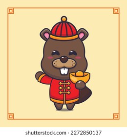 Cute beaver holding gold money in chinese new year. 