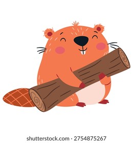 A cute beaver holding a log. A flat vector illustration in a simple, child-friendly style  