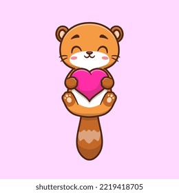 Cute Beaver Holding Love Heart Cartoon Vector Icon Illustration. Animal Nature Icon Concept Isolated Premium Vector. Flat Cartoon Style