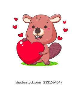 Cute Beaver holding love heart Cartoon Character Mascot vector illustration. Kawaii Adorable Animal Concept Design. Isolated White background.