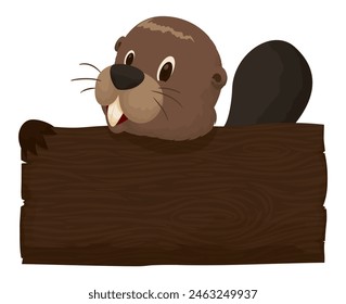 Cute beaver holding a wooden plank. Template in cartoon style.