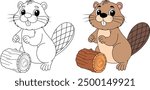 Cute Beaver Isolated on White Background Outline Coloring Page