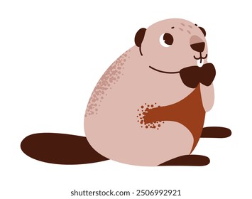 Cute beaver isolated on white background. Rodent, dam builder animal. Flat vector illustration.