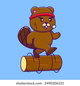 Cute Beaver Jogging On A Rolling Log Cartoon Vector Icon Illustration. Animal Sport. Flat Cartoon Concept. 