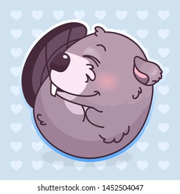 Cute beaver kawaii cartoon vector character. Adorable and funny animal sleeping curled up, hugging tail isolated sticker, patch. Anime baby boy beaver emoji on blue background