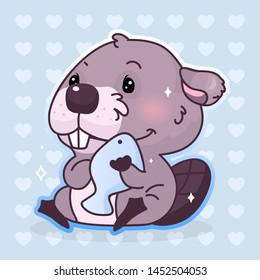 Cute beaver kawaii cartoon vector character. Adorable, happy and funny animal hugging fish isolated sticker, patch. Anime satisfied baby boy beaver with food emoji on blue background