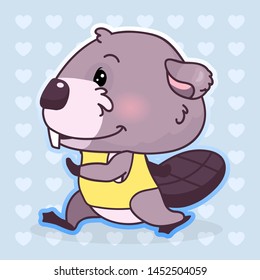 Cute beaver kawaii cartoon vector character. Adorable, happy and funny animal running, doing sports isolated sticker, patch. Anime baby boy beaver in sportswear emoji on blue background