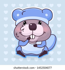 Cute beaver kawaii cartoon vector character. Adorable, happy and funny animal wearing pajamas, nightgown isolated sticker, patch. Anime baby boy beaver emoji on blue background