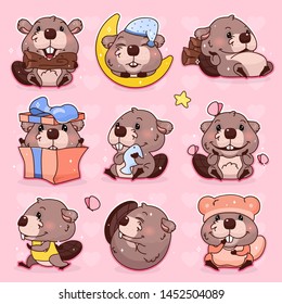 Cute beaver kawaii cartoon vector character set. Adorable, happy and funny animal mascot isolated stickers, patches pack, kids illustration. Anime baby girl beaver emoji, emoticon on pink background