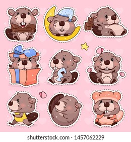 Cute beaver kawaii cartoon vector character set. Adorable, happy and funny animal mascot isolated stickers, patches pack, kids badges. Anime baby girl beaver emoji, emoticon on pink background