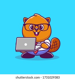 Cute Beaver With Laptop Cartoon Vector Icon Illustration. Animal Technology Icon Concept Isolated Premium Vector. Flat Cartoon Style 