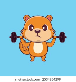 Cute Beaver Lifting weights Cartoon Vector Icon Illustration.