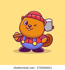 Cute Beaver Lumberjack Cartoon Vector Icon Illustration. Tierart Icon Konzept isolierter Premium Vector. Flat Cartoon Style 