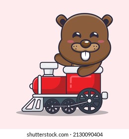 cute beaver mascot cartoon character ride on train