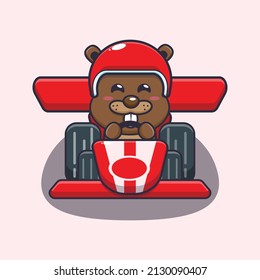 cute beaver mascot cartoon character riding race car