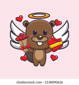 cute beaver mascot cartoon character illustration in valentine day