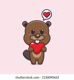 cute beaver mascot cartoon character illustration in valentine day