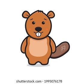 Cute beaver mascot character cartoon vector icon illustration. Design isolated on white. Flat cartoon style.