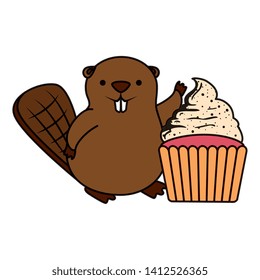 cute beaver mascot with sweet cupcake