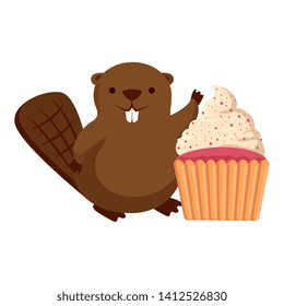 cute beaver mascot with sweet cupcake