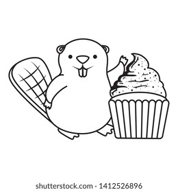 cute beaver mascot with sweet cupcake