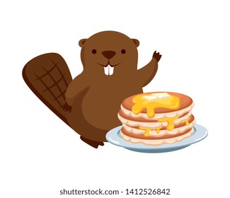 cute beaver mascot with sweet pancakes