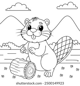 Cute Beaver on River Background Outline Coloring Page