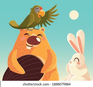 cute beaver with parrot and rabbit sunny day cartoon animals vector illustration