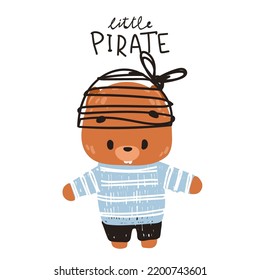 Cute beaver in pirate costume. Animal Pirate. Vector print for children room, fabric, paper, greeting card, postcard, card, t shirt, poster, textile. Vector illustration
