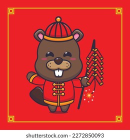 Un castor lindo tocando petardos en el año nuevo chino. 
Vector de dibujos animados Ilustración adecuada para afiches, folletos, web, mascota, pegatina, logotipo e icono.
