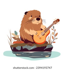 Cute beaver playing music on guitar near autumn pond or lake vector illustration. Cartoon isolated funny woodland scene with baby animal musician sitting near water with musical instrument in paws