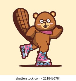 Cute beaver playing rollerblade cartoon vector illustration Premium Vector
