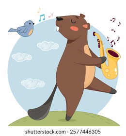 cute beaver playing saxophone, melody, birds singing, spring, summer day, musician, music, notes, funny beaver, beaver sticker, music cover, music festival, music competition