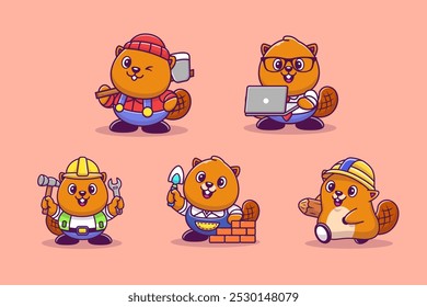 Cute Beaver Professions Illustration Vector