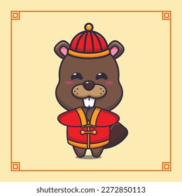 Cute beaver with red chinese costum in chinese new year. 