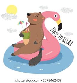 cute beaver relaxing on the beach, beaver sunbathing, relax at sea, vacation at sea, travel, sea and sun, heat, sea sticker, time to relax