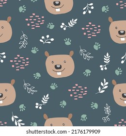 Cute Beaver Seamless pattern. Cartoon Animals in forest background. Vector illustration.