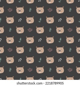 Cute Beaver Seamless pattern. Cartoon Animals in forest background. Vector illustration.